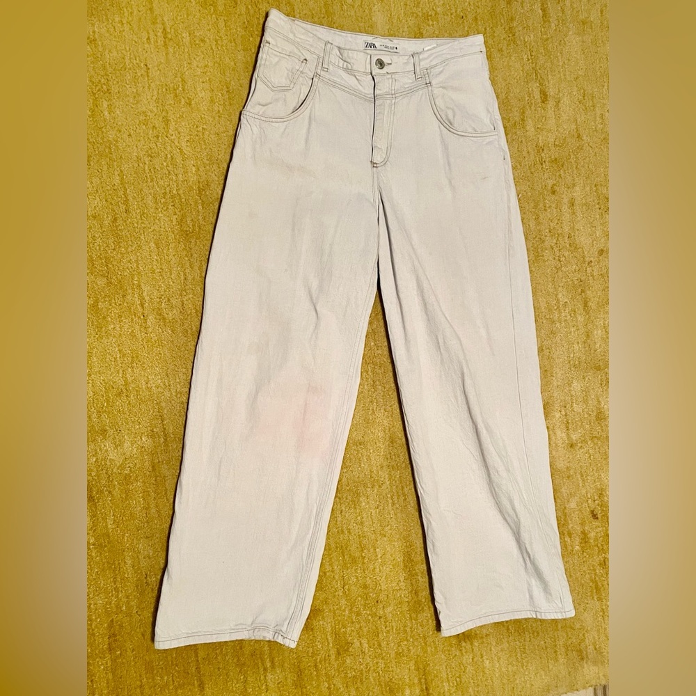 ZARA Cotton/Linen High waisted Wide-Leg Pants off-white/cream ivory flowy denim